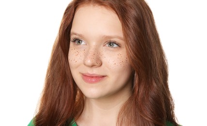 Photo of Beautiful teenage girl with freckles on white background