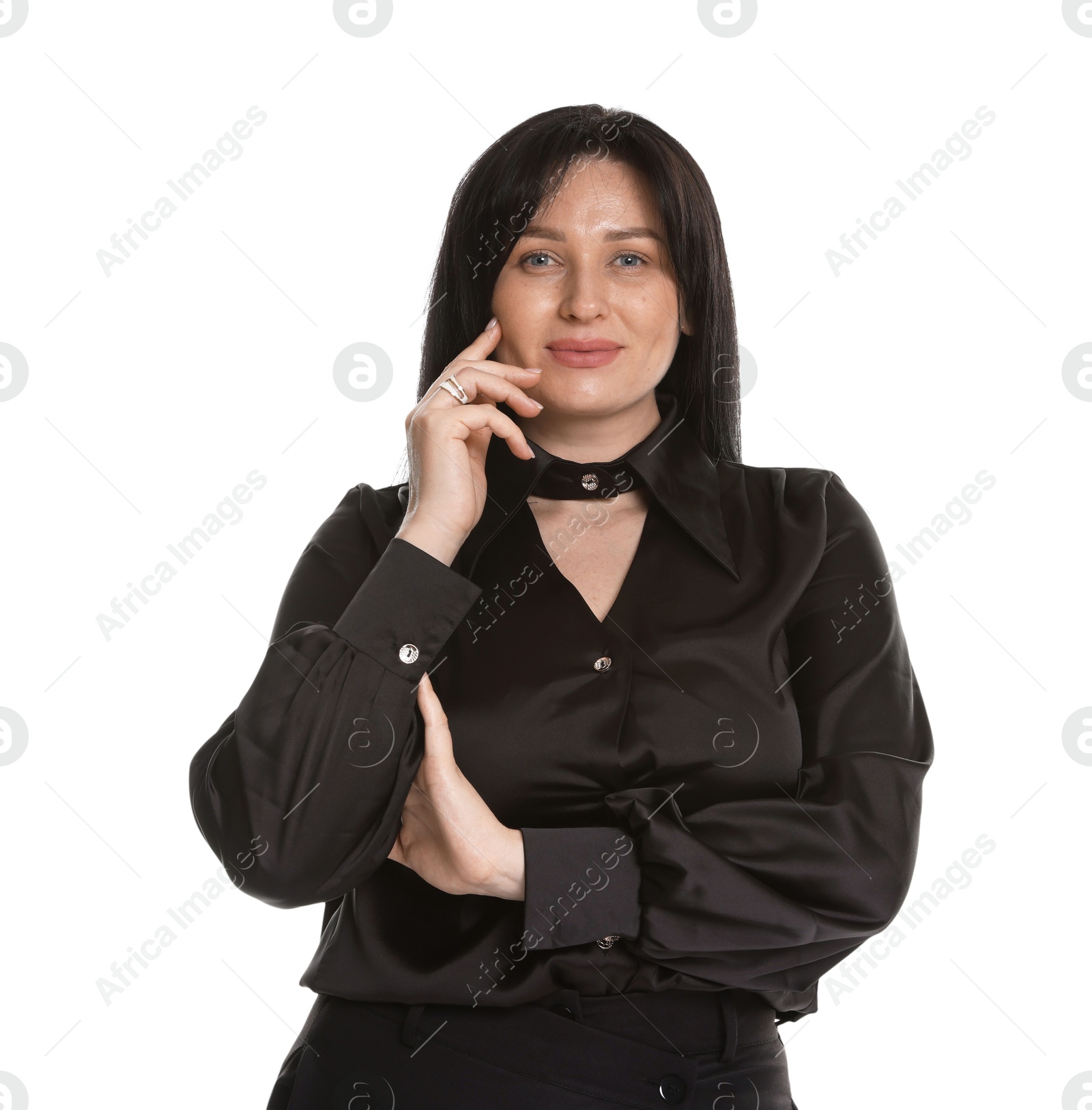 Photo of Portrait of charming plus size model on white background. Overweight