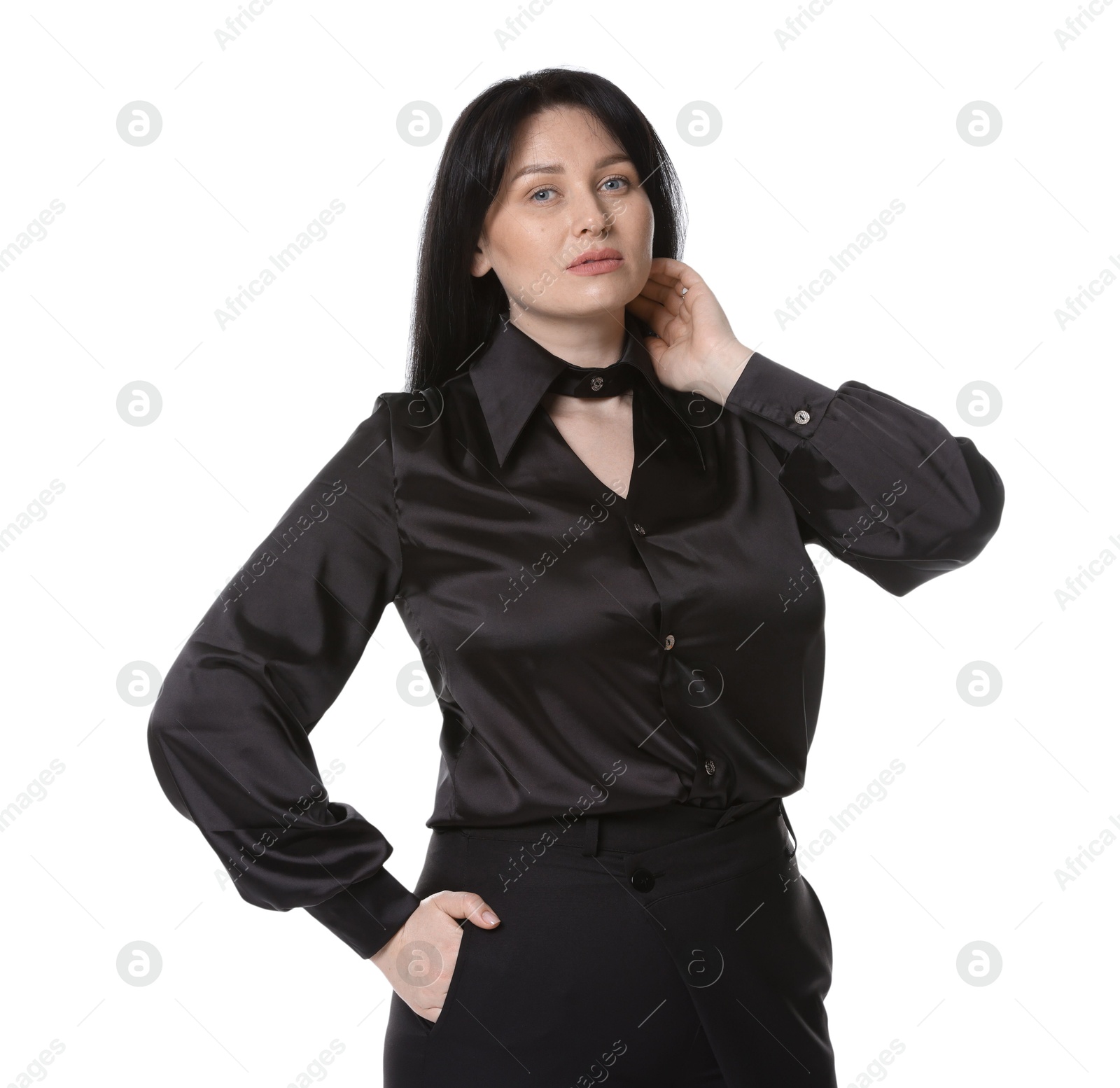 Photo of Portrait of charming plus size model on white background. Overweight