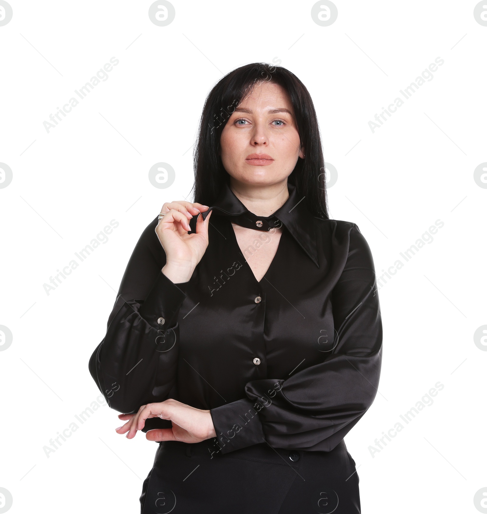 Photo of Portrait of charming plus size model on white background. Overweight