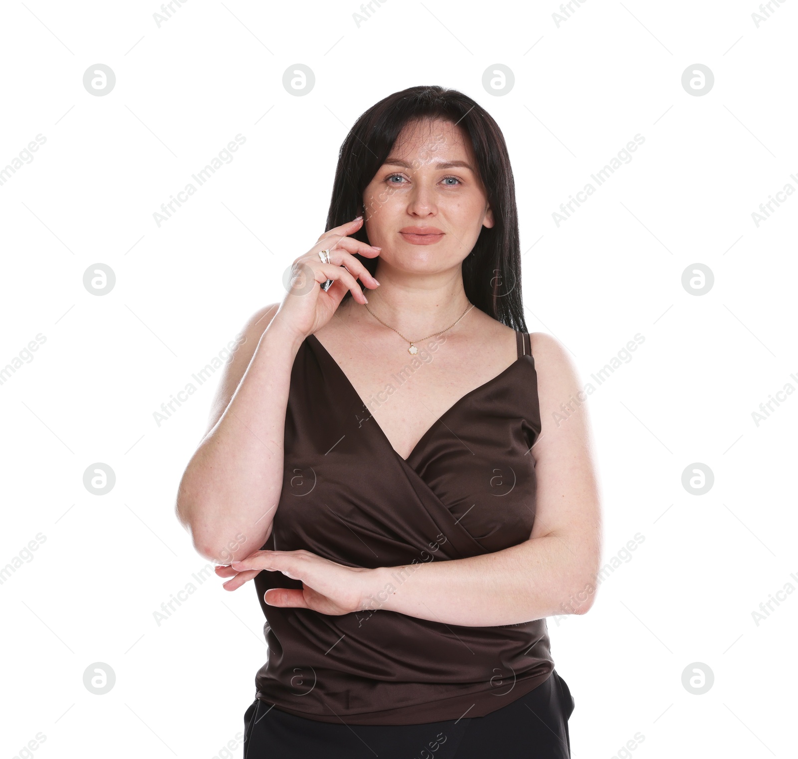 Photo of Portrait of charming plus size model on white background. Overweight