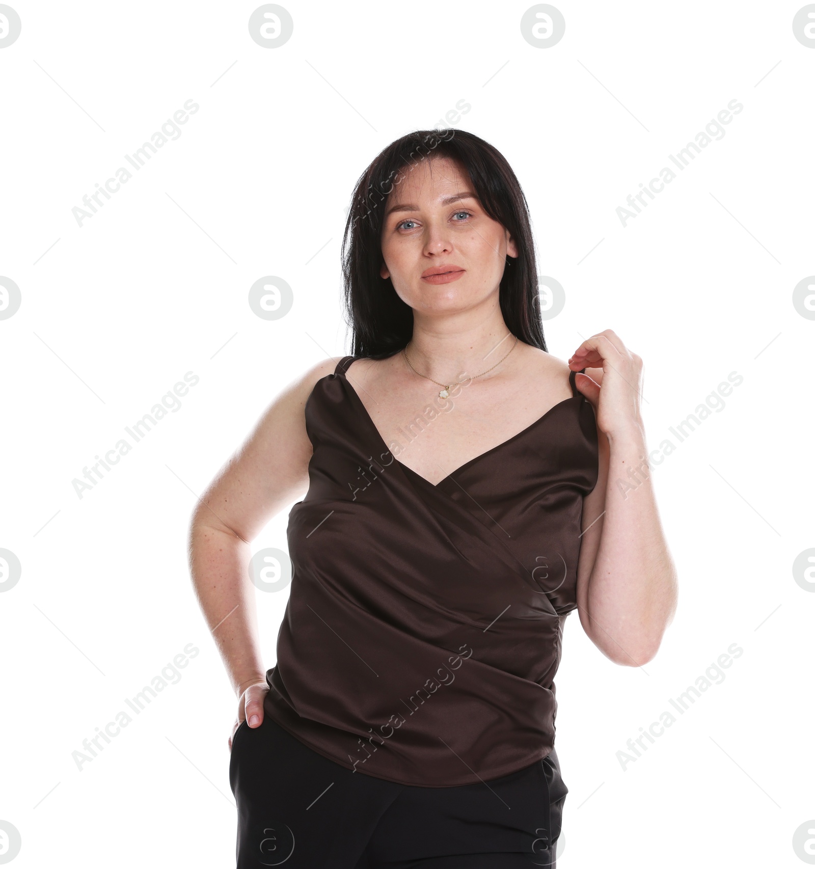 Photo of Portrait of charming plus size model on white background. Overweight