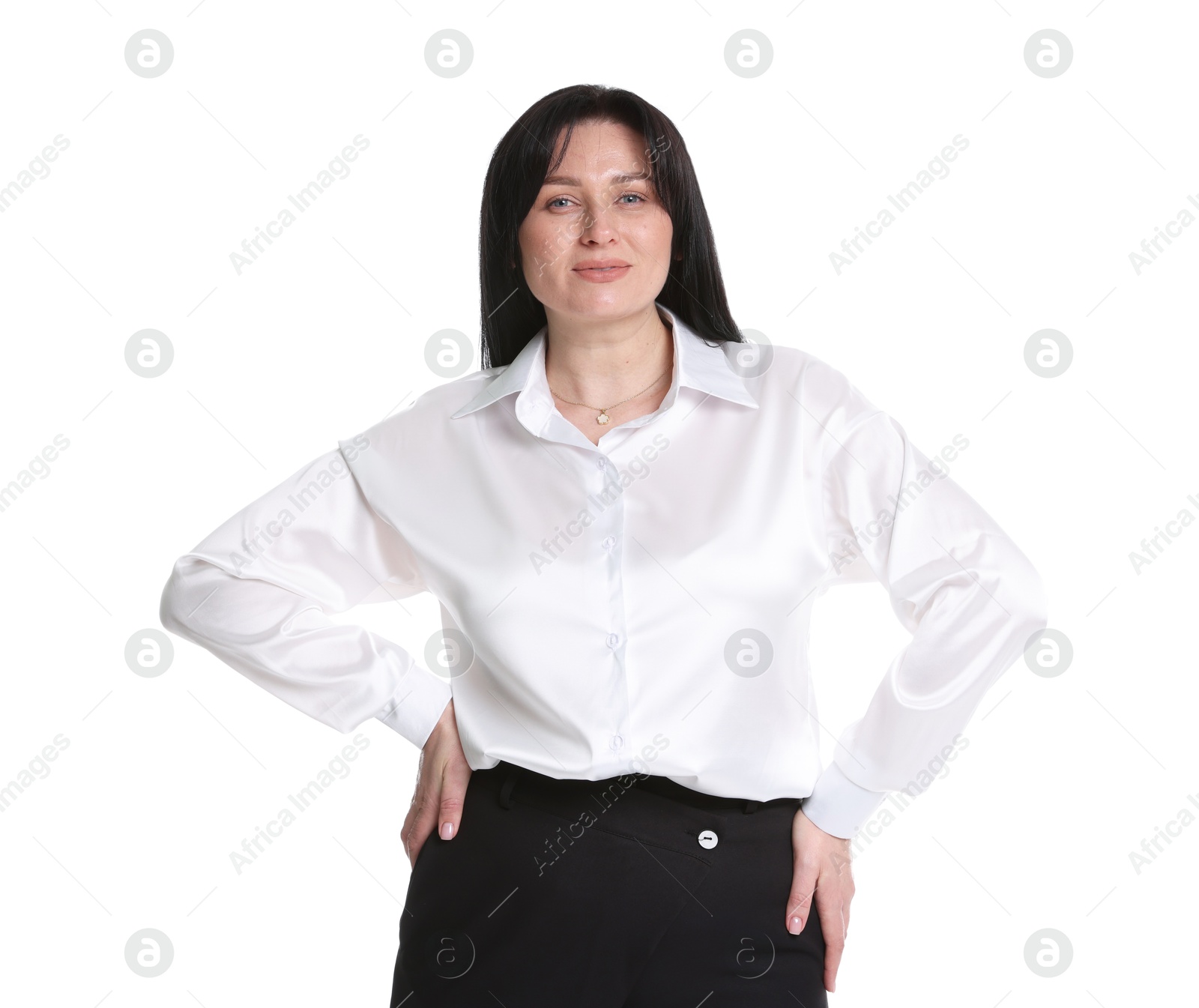 Photo of Portrait of charming plus size model on white background. Overweight