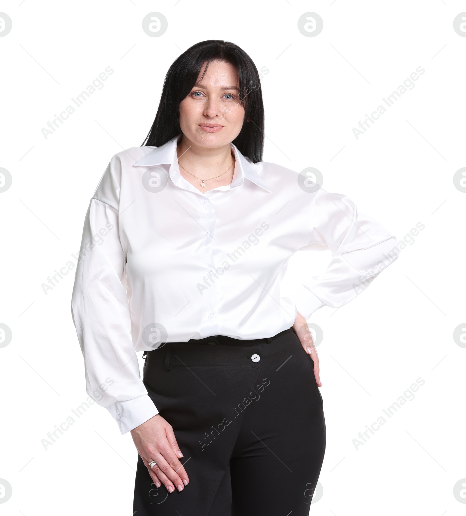 Photo of Portrait of charming plus size model on white background. Overweight