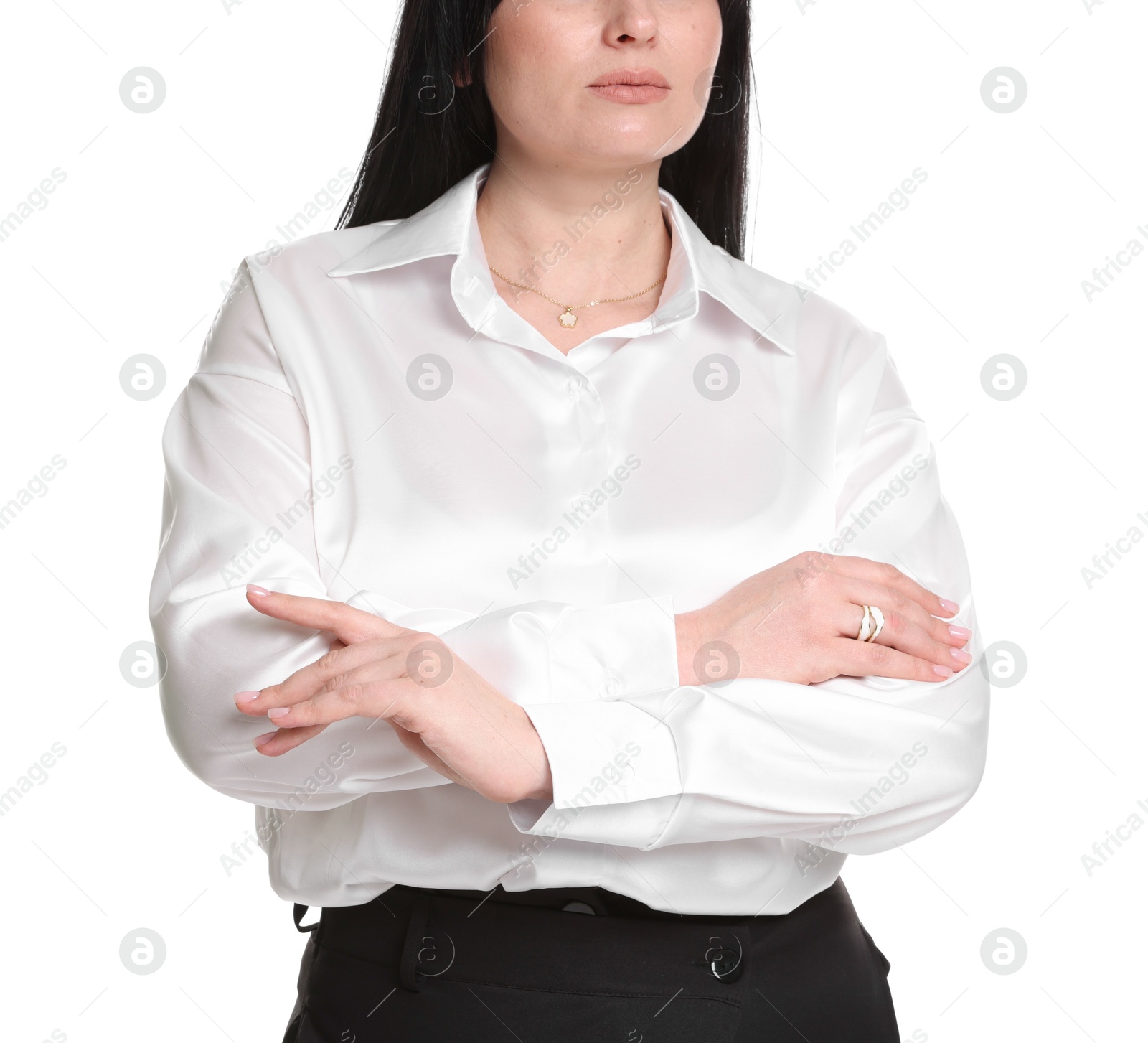 Photo of Plus size model on white background, closeup. Overweight