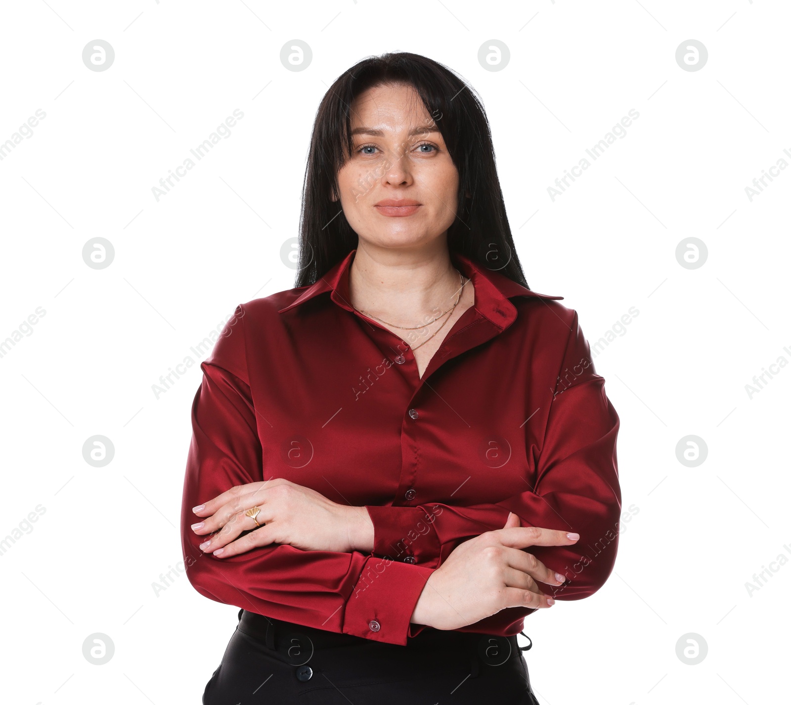 Photo of Portrait of charming plus size model on white background. Overweight