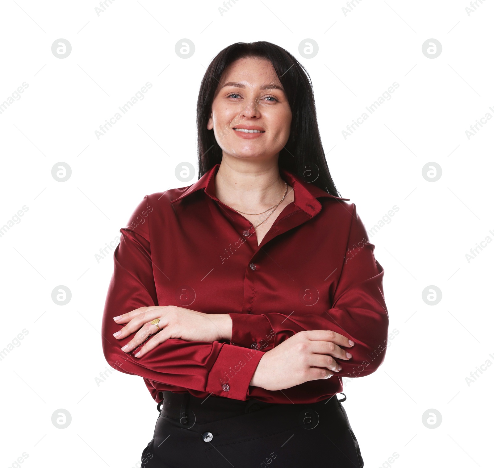 Photo of Portrait of smiling plus size model on white background. Overweight