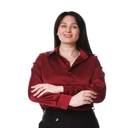 Portrait of smiling plus size model on white background. Overweight