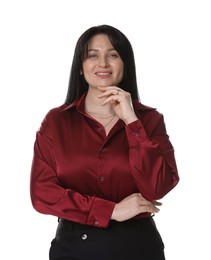 Portrait of smiling plus size model on white background. Overweight