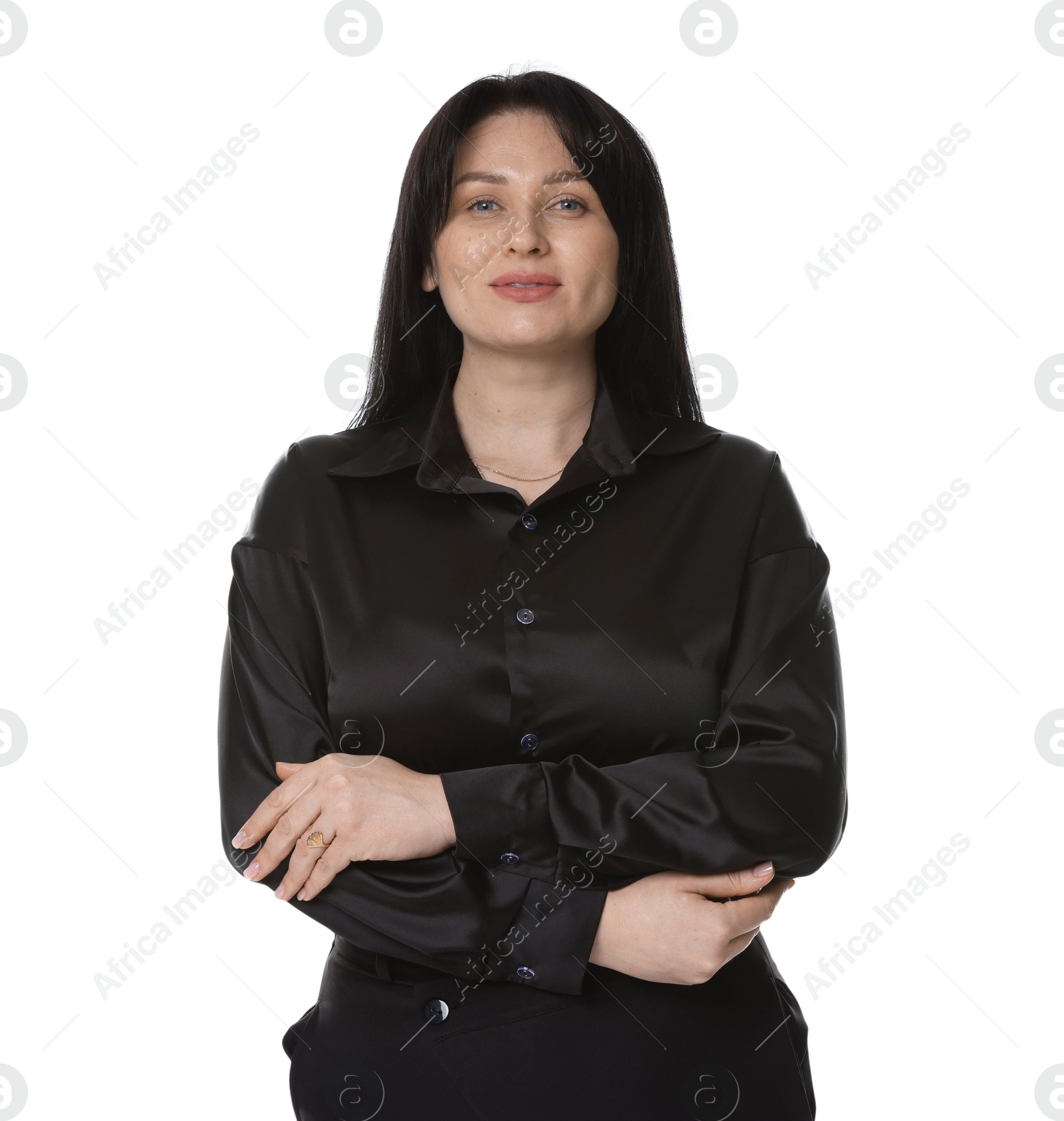 Photo of Portrait of charming plus size model on white background. Overweight