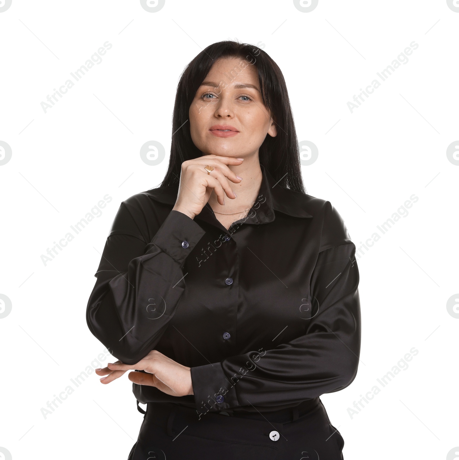 Photo of Portrait of charming plus size model on white background. Overweight