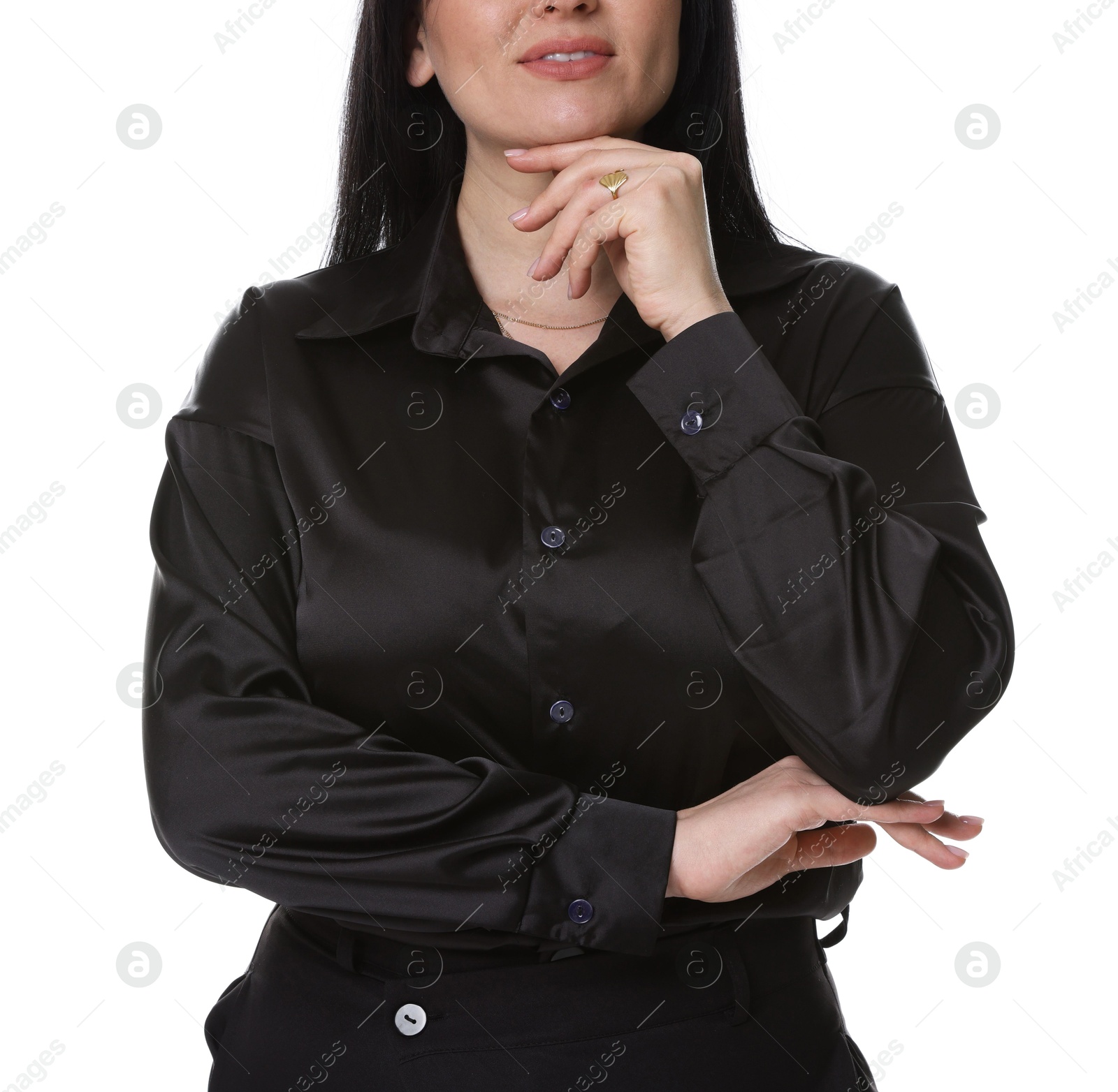 Photo of Plus size model on white background, closeup. Overweight