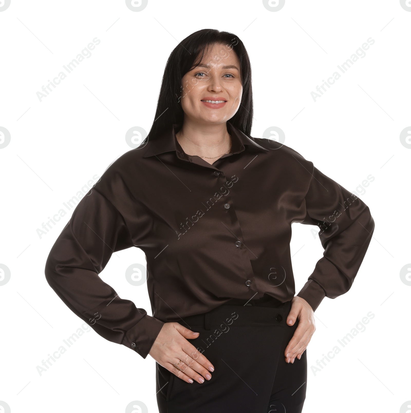 Photo of Portrait of smiling plus size model on white background. Overweight