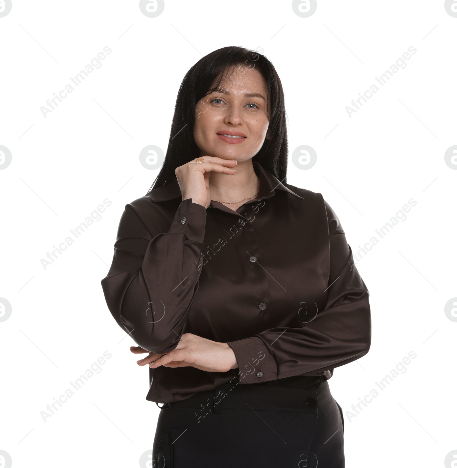 Photo of Portrait of smiling plus size model on white background. Overweight