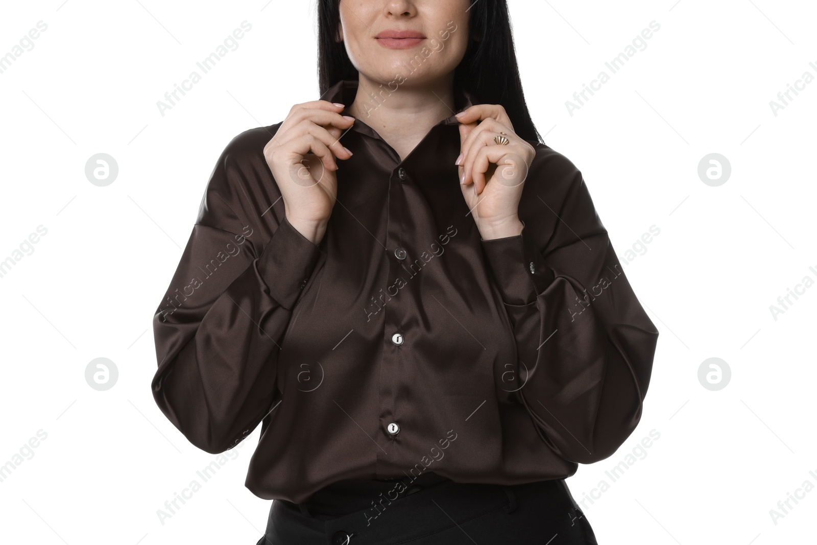 Photo of Plus size model on white background, closeup. Overweight