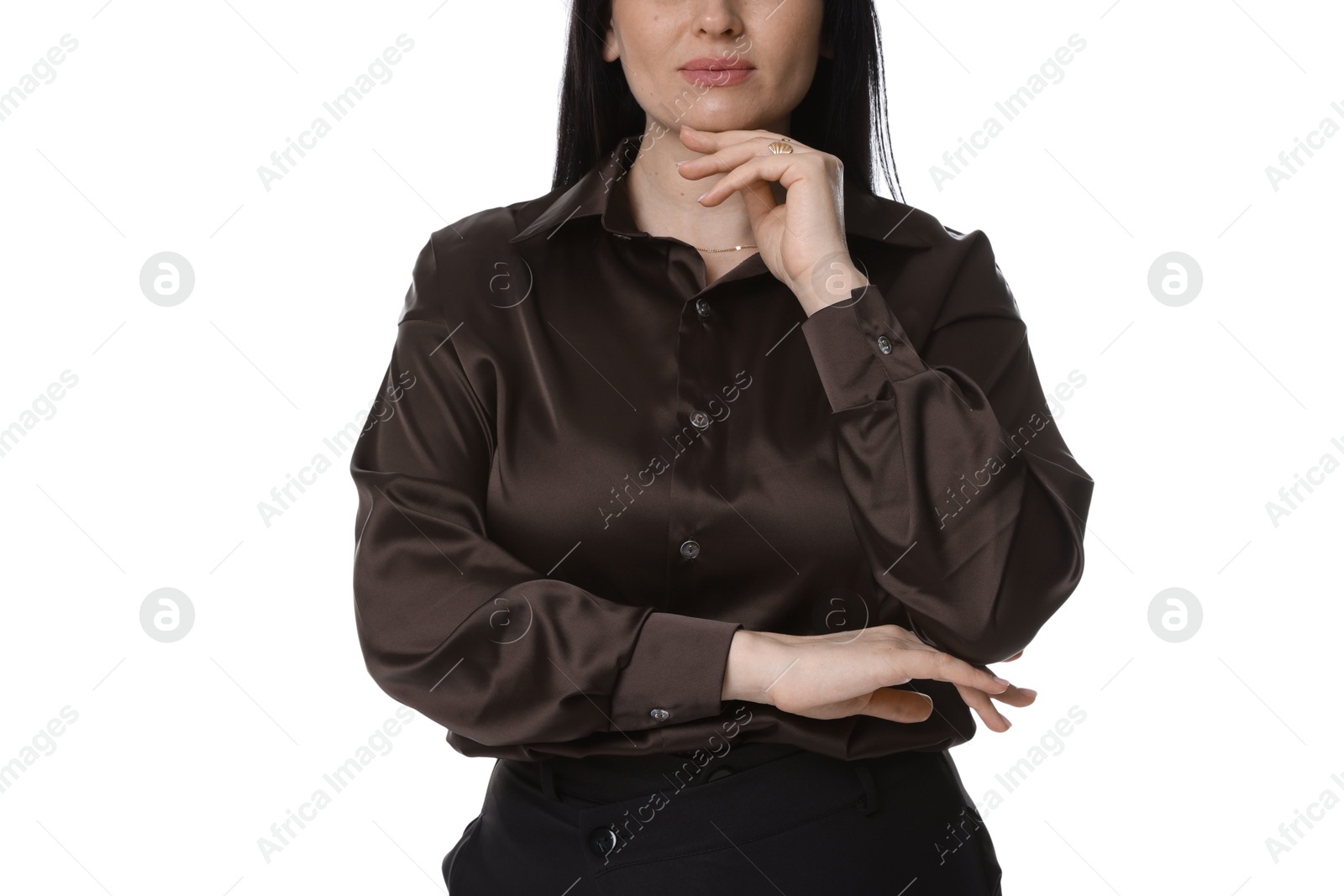 Photo of Plus size model on white background, closeup. Overweight