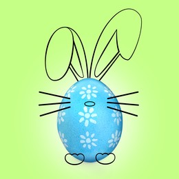 Image of Blue Easter egg with bunny ears, nose, paws and whiskers on light green background