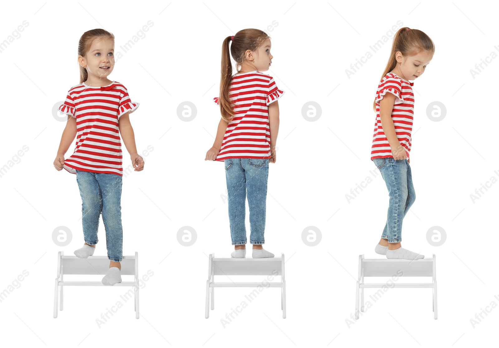 Image of Cute little girl on step stool against white background, collage