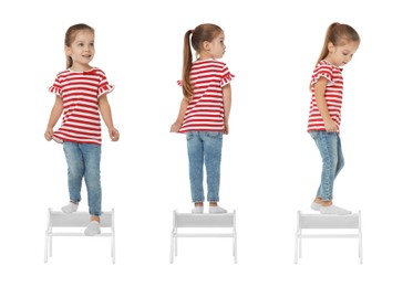 Cute little girl on step stool against white background, collage