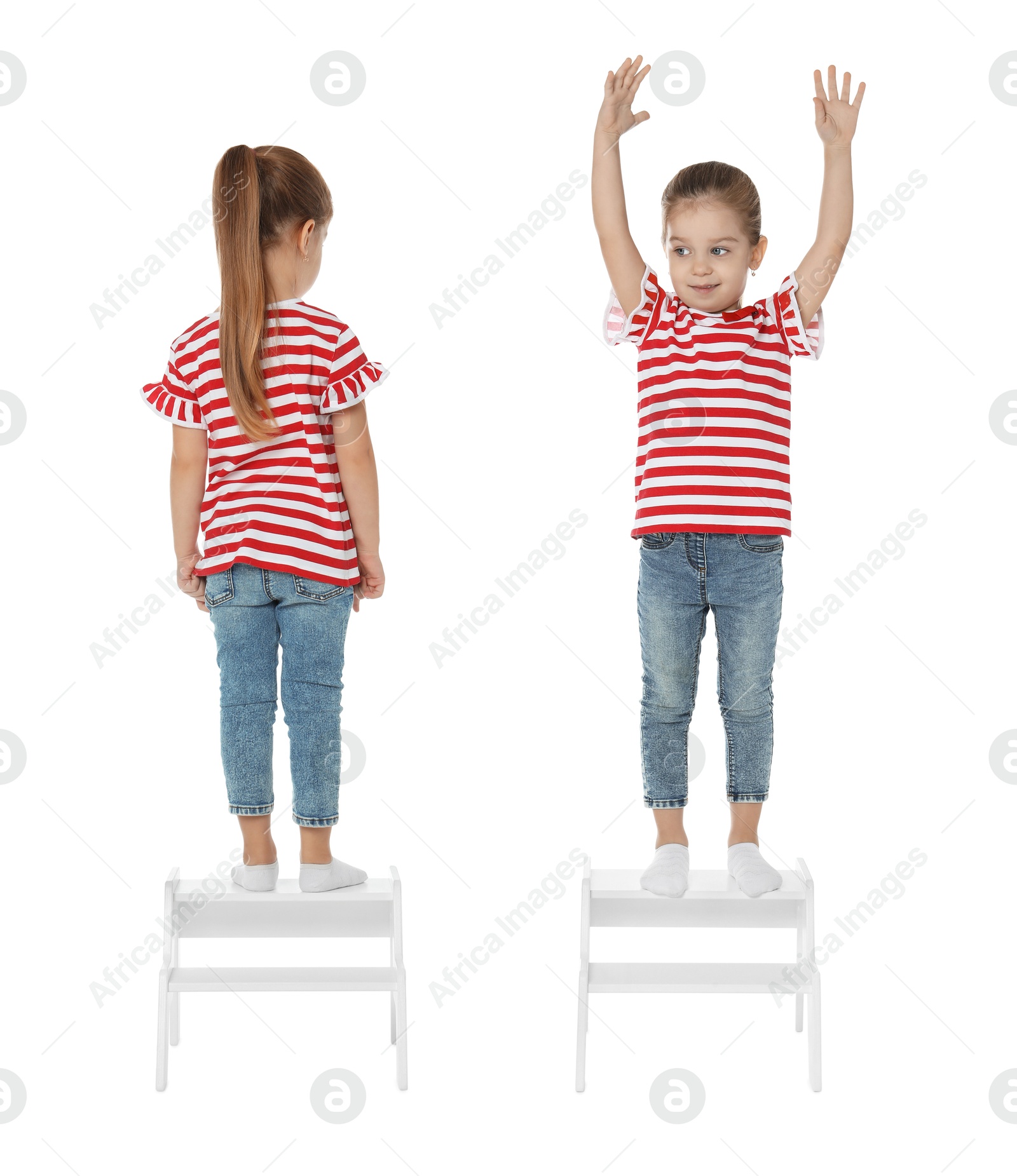 Image of Cute little girl on step stool against white background, collage