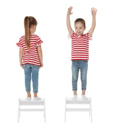 Cute little girl on step stool against white background, collage