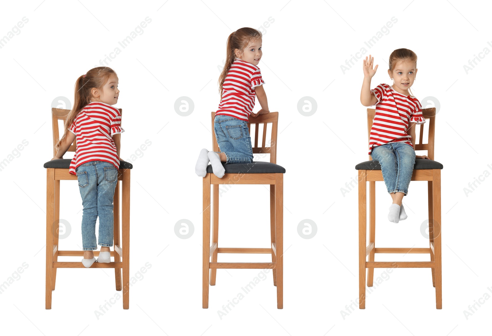 Image of Cute little girl on stool against white background, collage