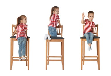 Image of Cute little girl on stool against white background, collage