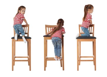 Image of Cute little girl on stool against white background, collage