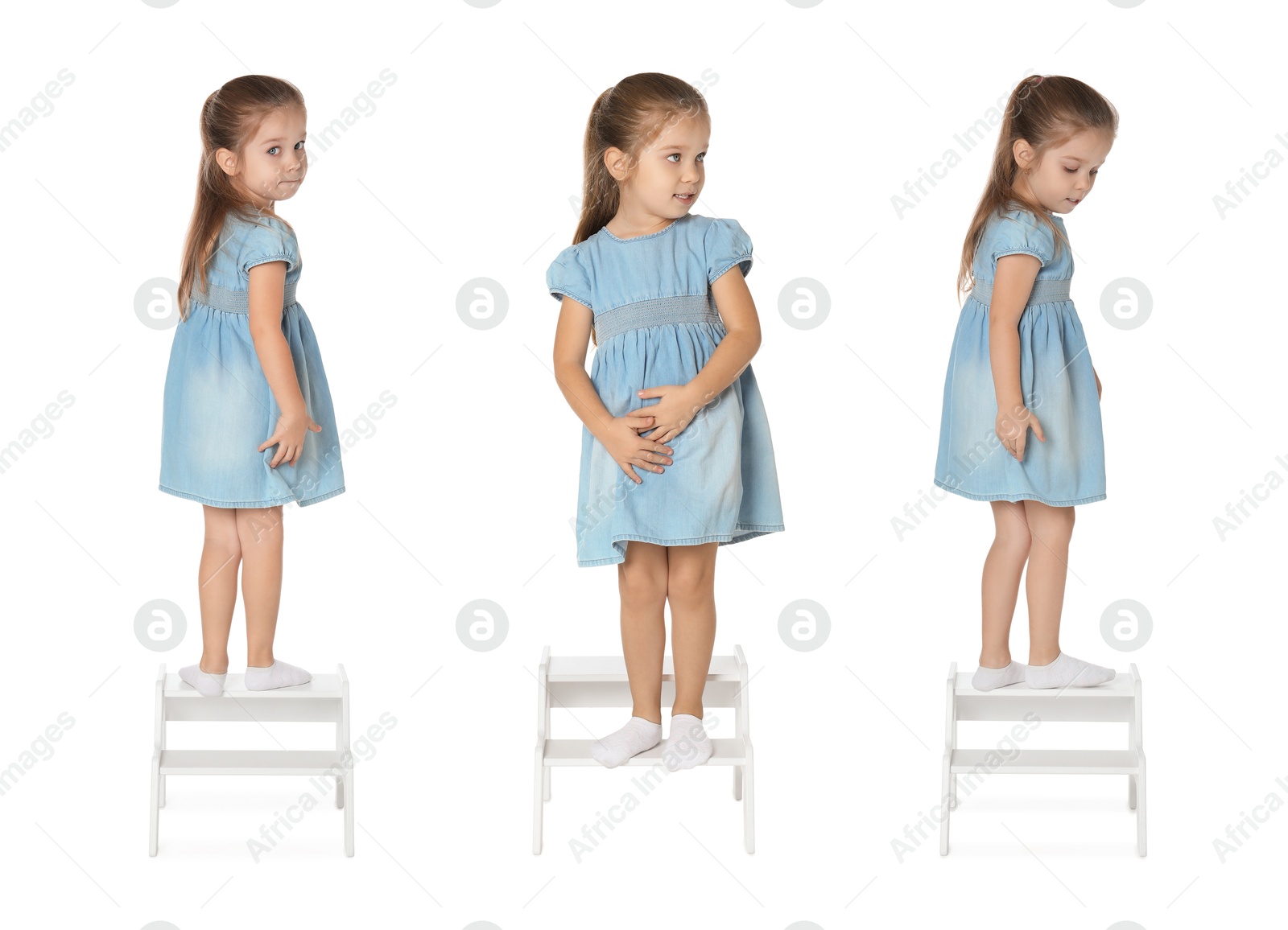 Image of Cute little girl on step stool against white background, collage