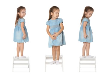 Cute little girl on step stool against white background, collage