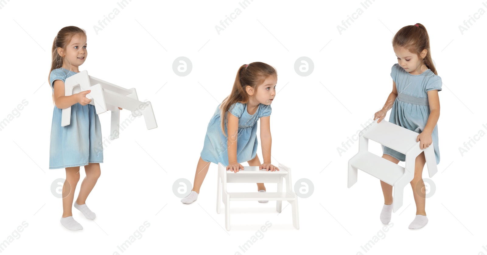 Image of Cute little girl with step stool against white background, collage