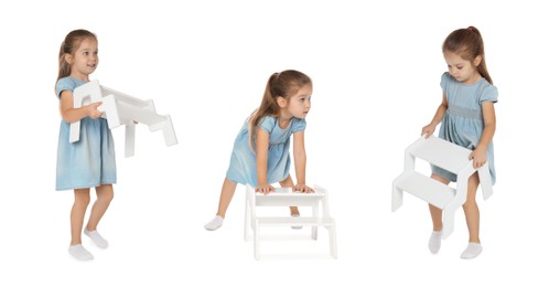 Cute little girl with step stool against white background, collage