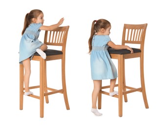 Cute little girl on stool against white background, collage