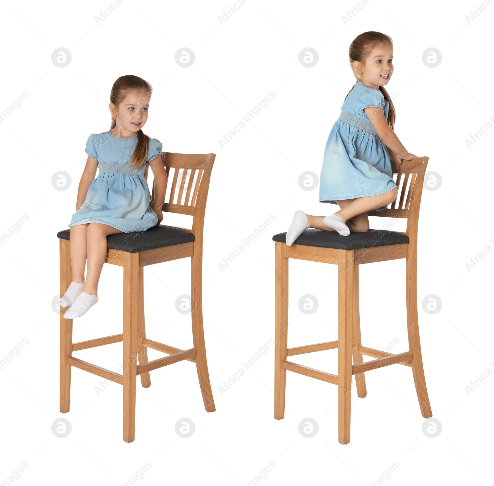 Image of Cute little girl on stool against white background, collage