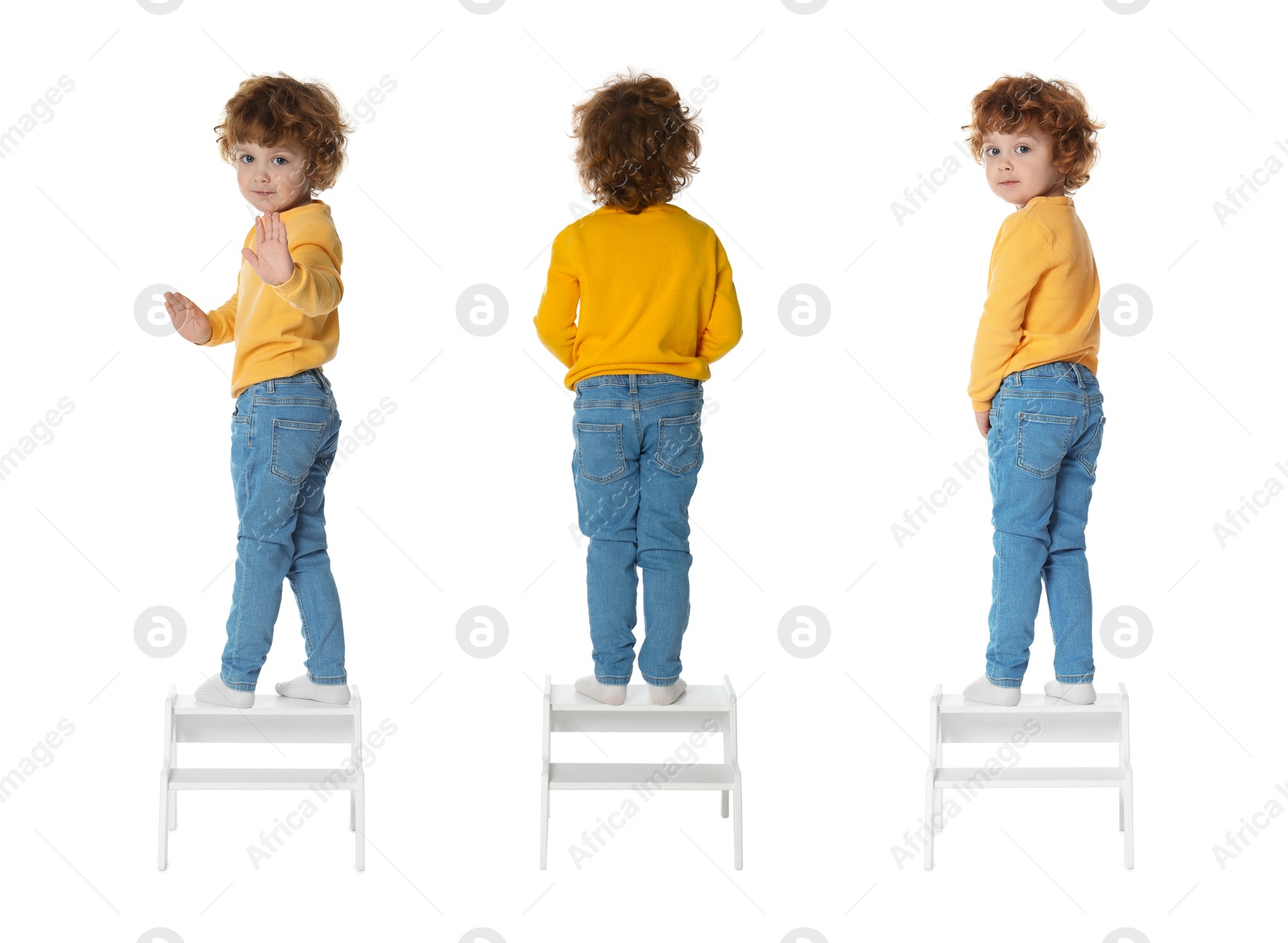 Image of Cute little boy on step stool against white background, collage