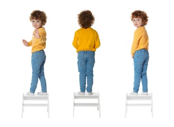 Image of Cute little boy on step stool against white background, collage