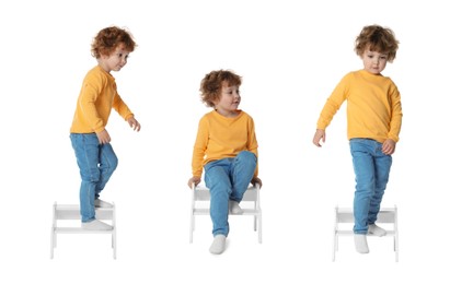 Image of Cute little boy on step stool against white background, collage