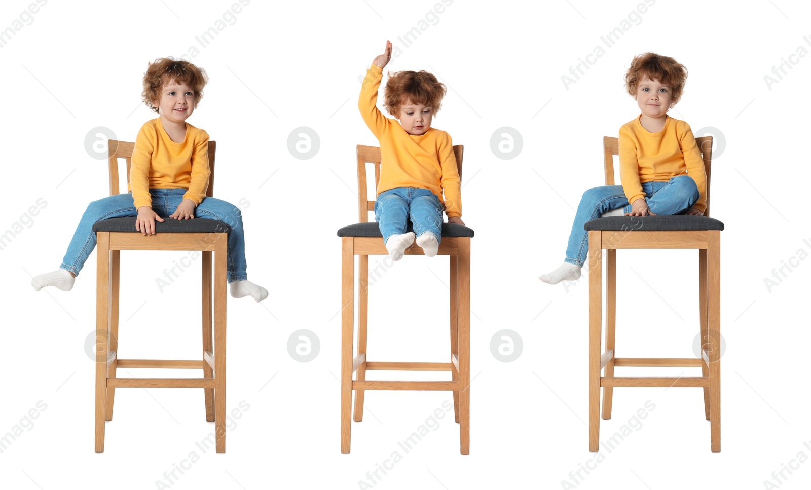 Image of Cute little boy on stool against white background, collage