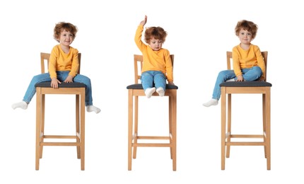 Image of Cute little boy on stool against white background, collage