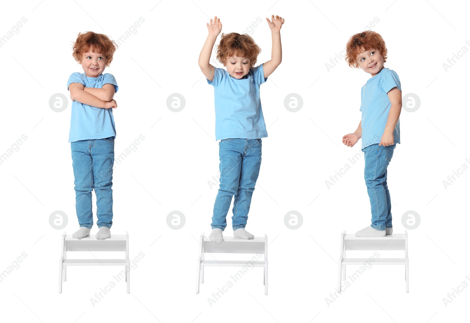 Image of Cute little boy on step stool against white background, collage