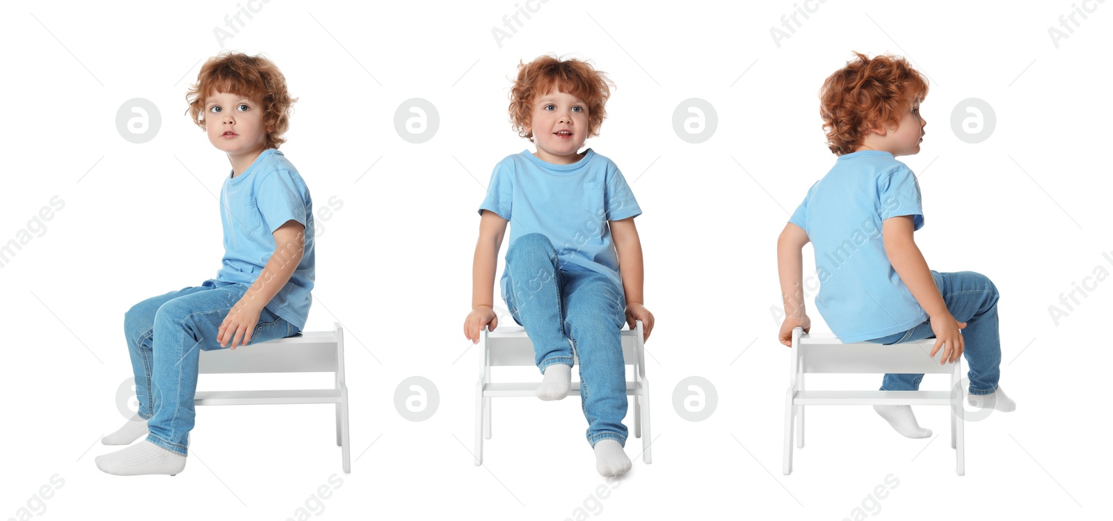 Image of Cute little boy on step stool against white background, collage