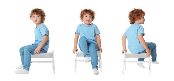 Cute little boy on step stool against white background, collage