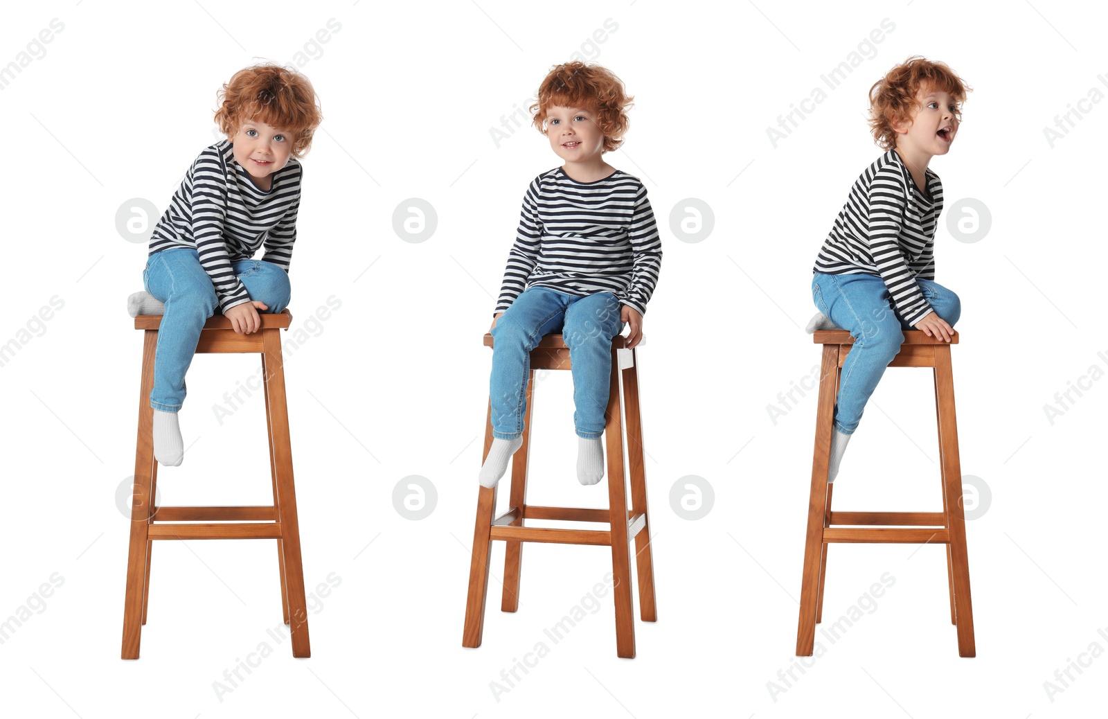 Image of Cute little boy on stool against white background, collage