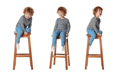 Cute little boy on stool against white background, collage