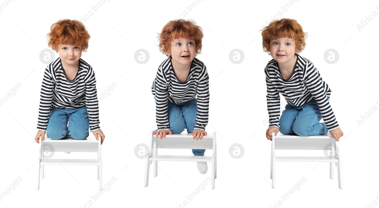 Image of Cute little boy on step stool against white background, collage