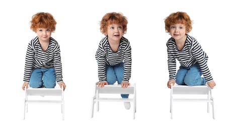 Image of Cute little boy on step stool against white background, collage