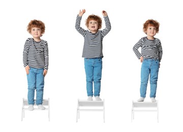 Image of Cute little boy on step stool against white background, collage