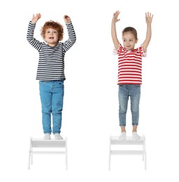 Image of Cute children on step stools against white background, collage