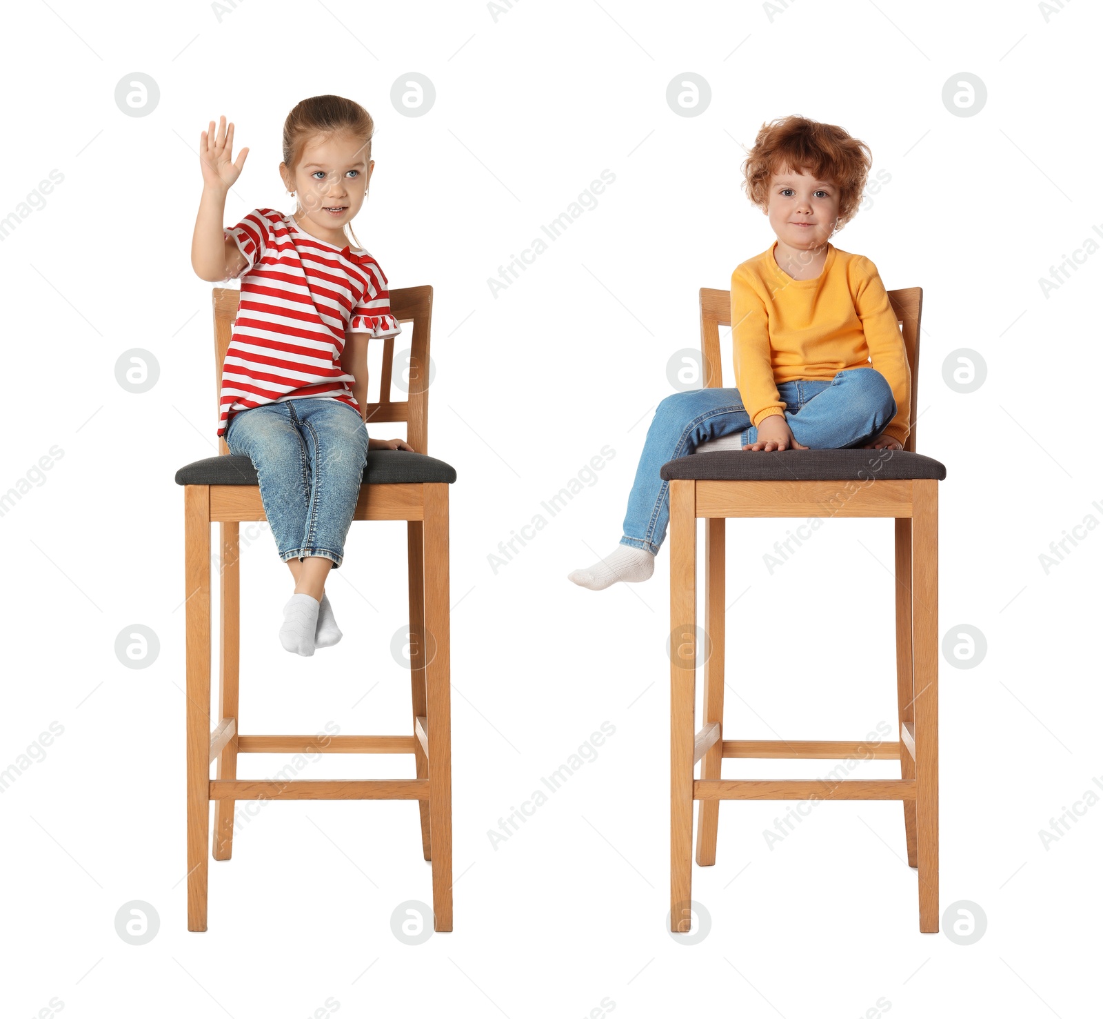 Image of Cute children on stools against white background, collage