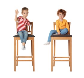 Image of Cute children on stools against white background, collage